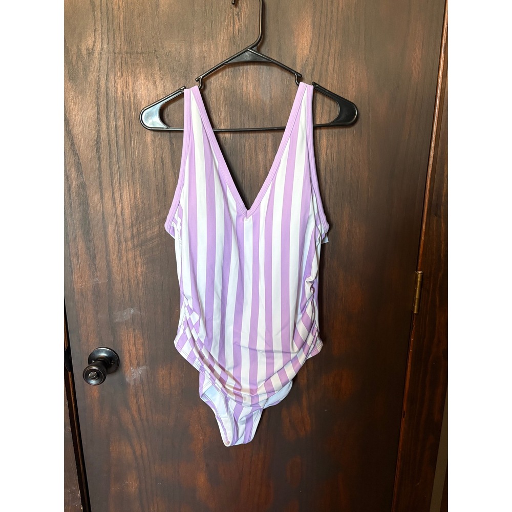 Kona Sol Purple White Striped One Piece Swimsuit Ruched V-Neck 16W Womens